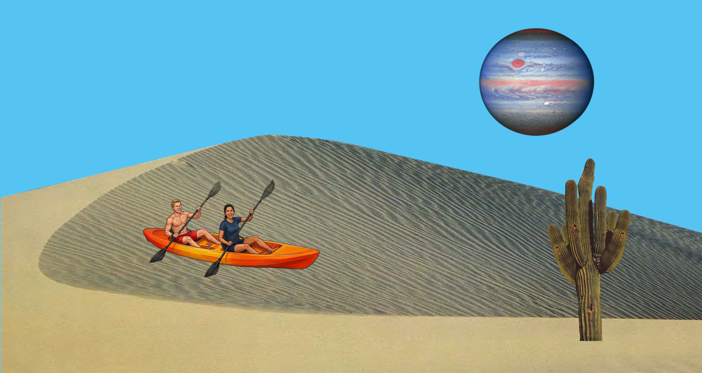 Sand-dune scene with a couple in a canoe and a cactus