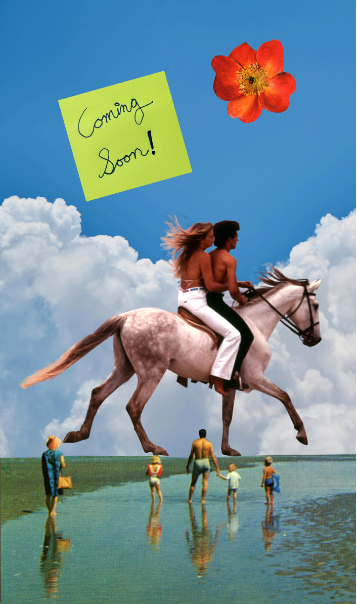 Beach scene with clouds, riders on horseback, Coming Soon sticky note, and an orange flower