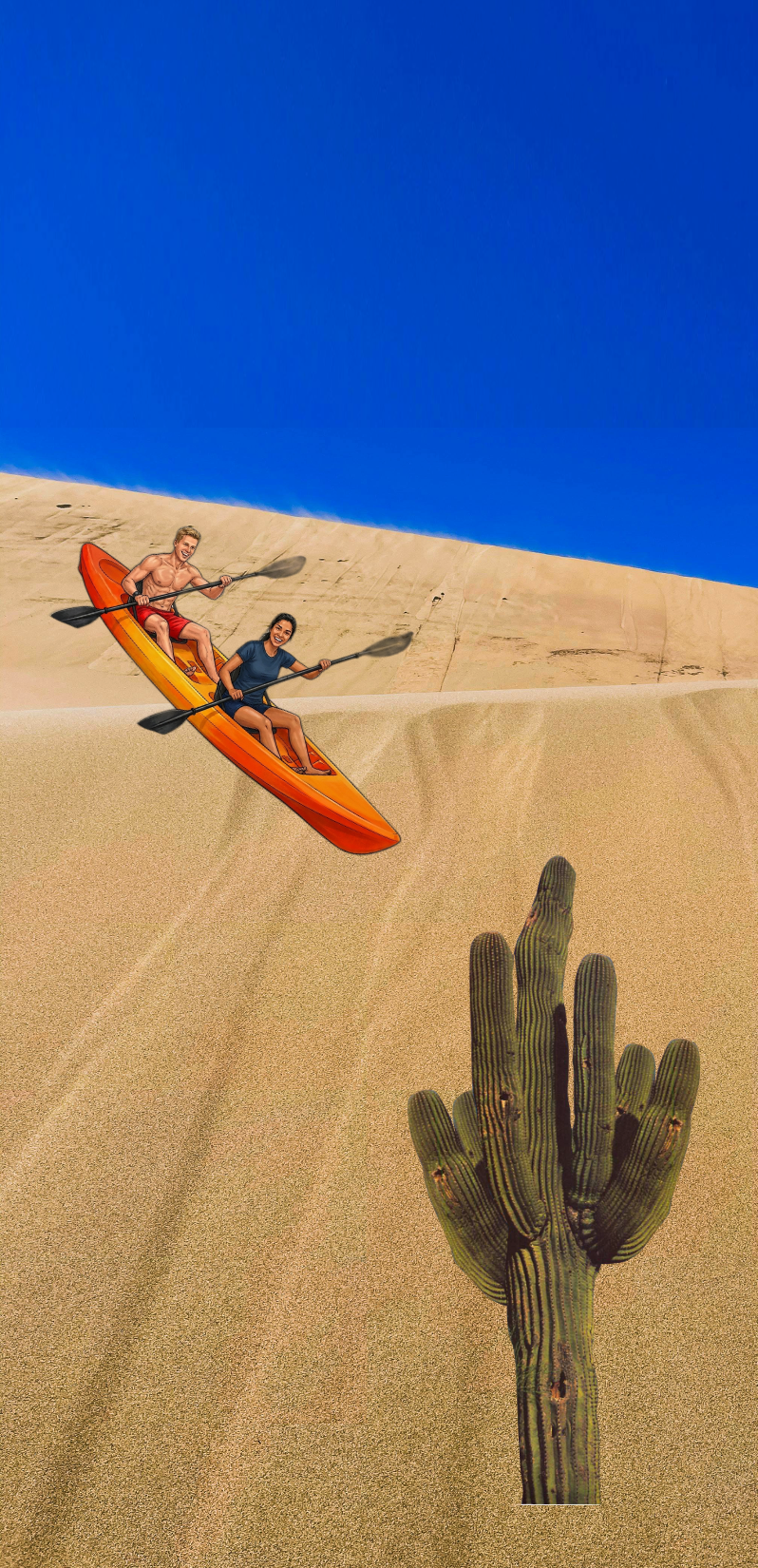 Sand-dune scene with a couple in a canoe and a cactus