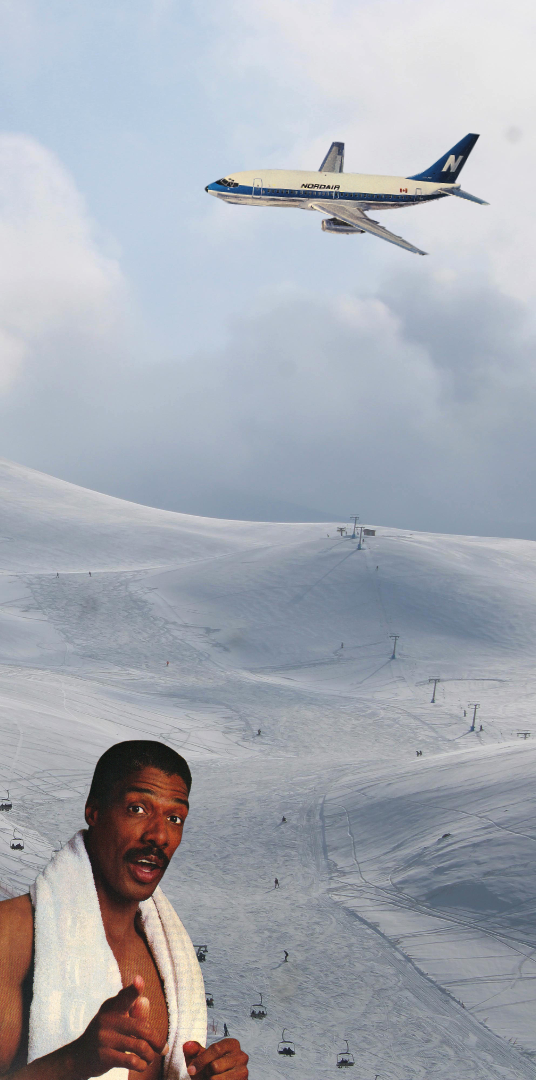 Snowy ski slope with a skier in the foreground and a plane overhead