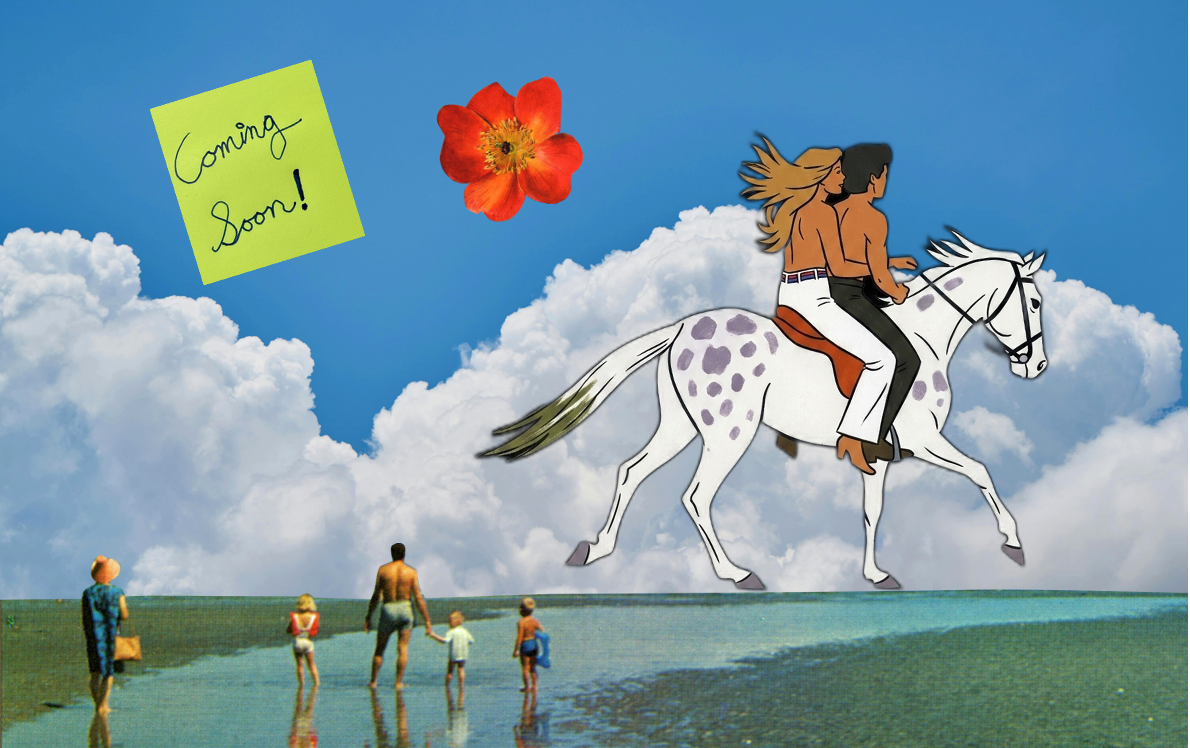 Beach scene with clouds, riders on horseback, Coming Soon sticky note, and an orange flower